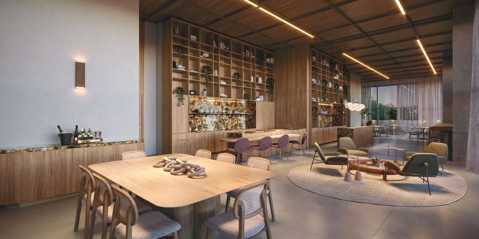 Espaço gourmet e salão de festas integrados do Almá Pinheiros