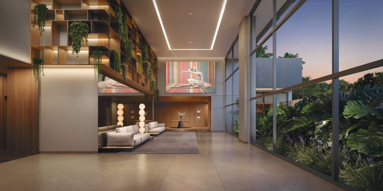Lobby de pé-direito duplo do Almá Pinheiros, em Pinheiros, São Paulo