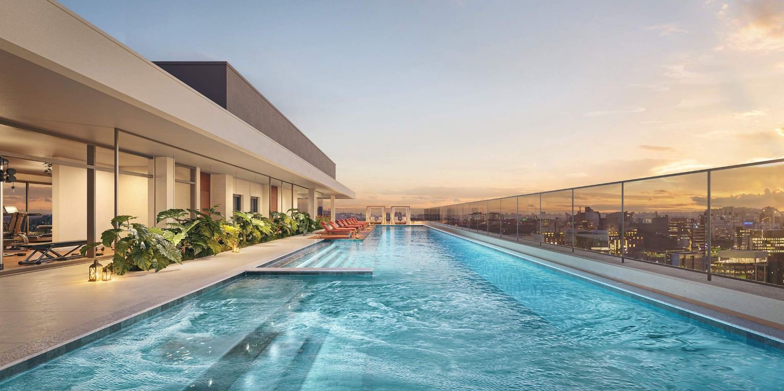 Piscina com raia de 25 m no 27º pavimento do Almá Pinheiros
