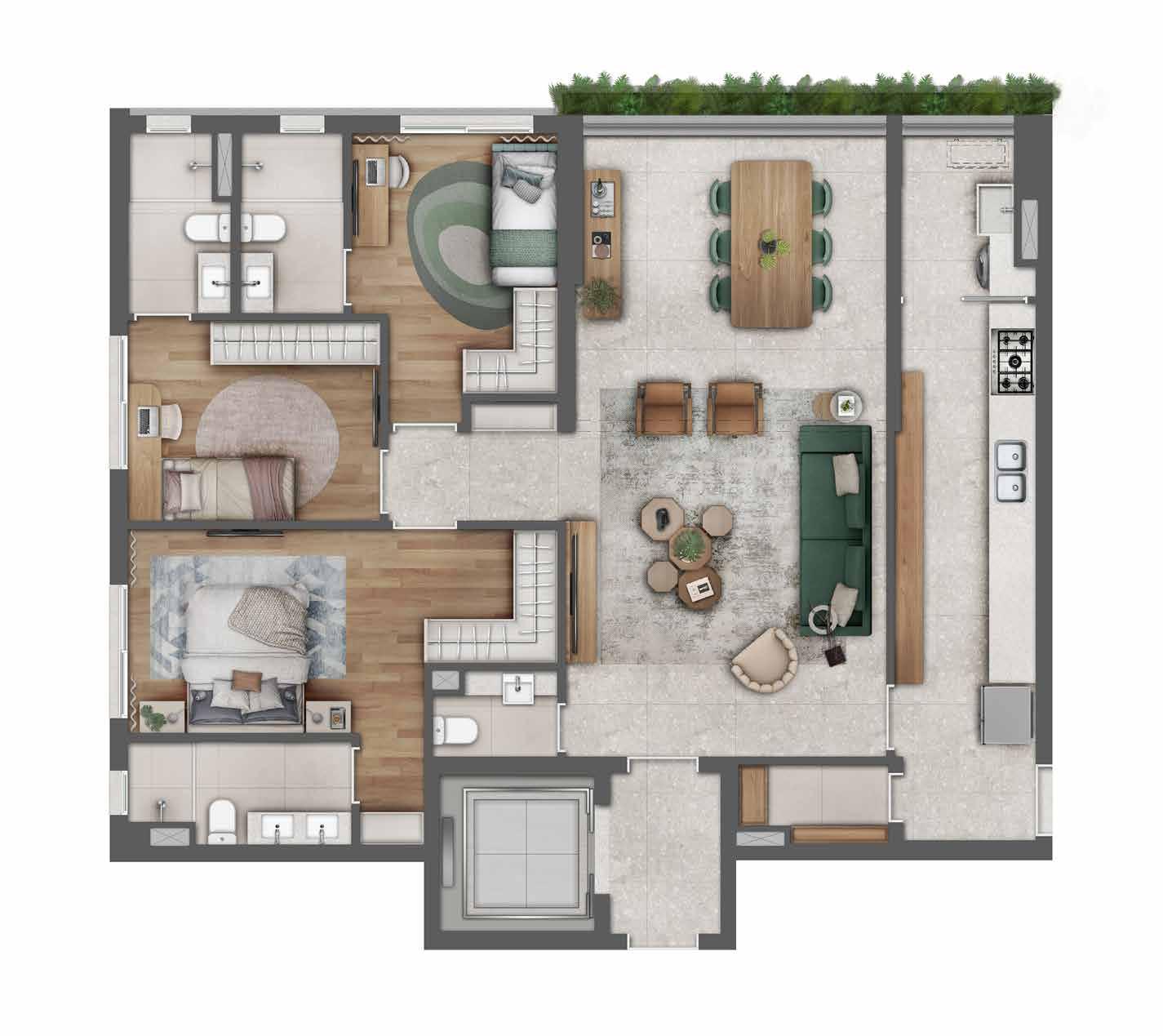 Planta 125m² 3 Suítes Cozinha Fechada