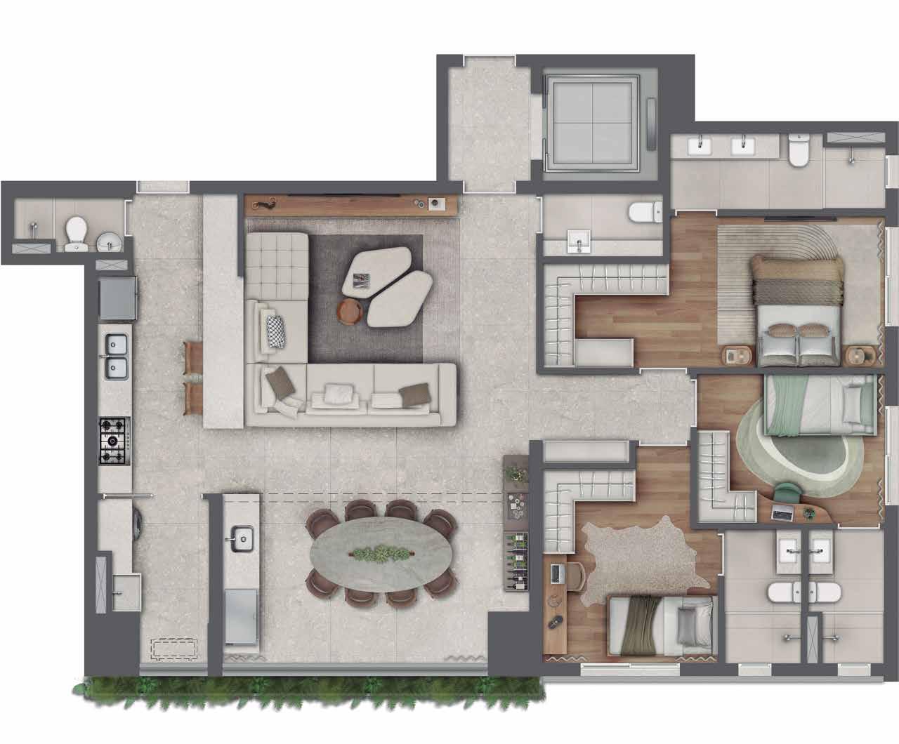 Planta 139m² 3 Suítes Cozinha Aberta